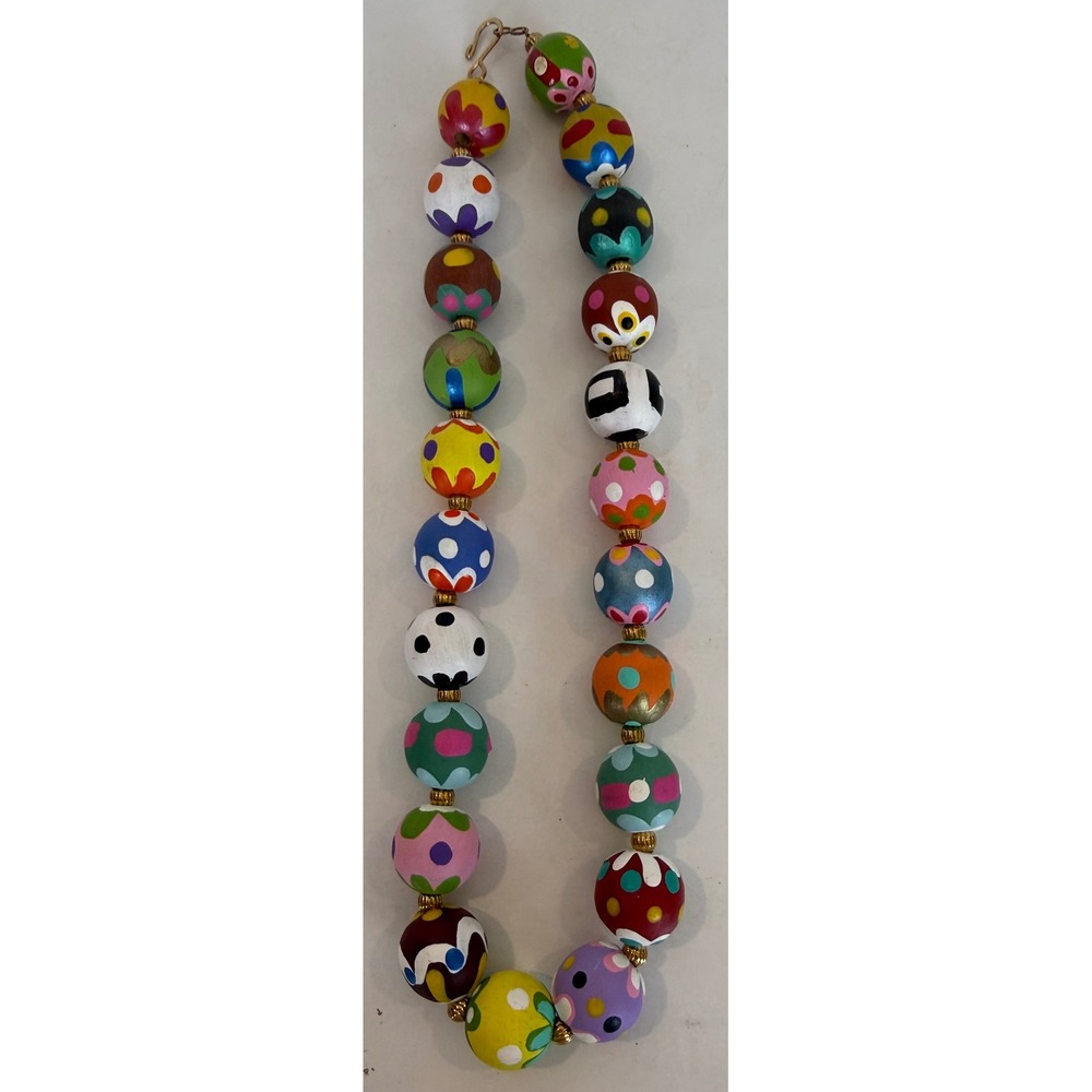 Hand-Painted Decorative Wooden Bead Necklace 21" Colorful Whimsical Gold Tone